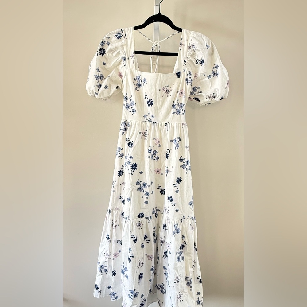 WAYF White Blue Floral Puff Sleeve Tie Back Midi Dress XS - Picture 2 of 15